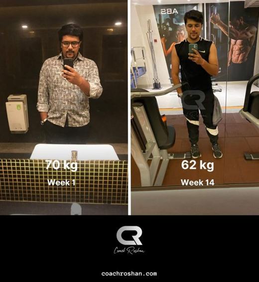 Before and after: 70 kg in week 1 to 62 kg in week 14
