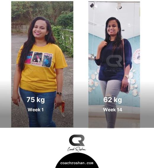 Before and after: 75 kg in week 1 to 62 kg in week 14