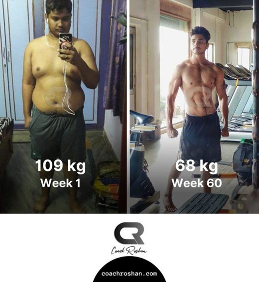 Before and after: 109 kg in week 1 to 68 kg in week 60