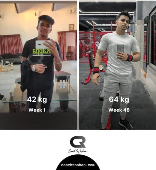 Weight gain before and after: 42 kg in week 1 to 64 kg in week 48