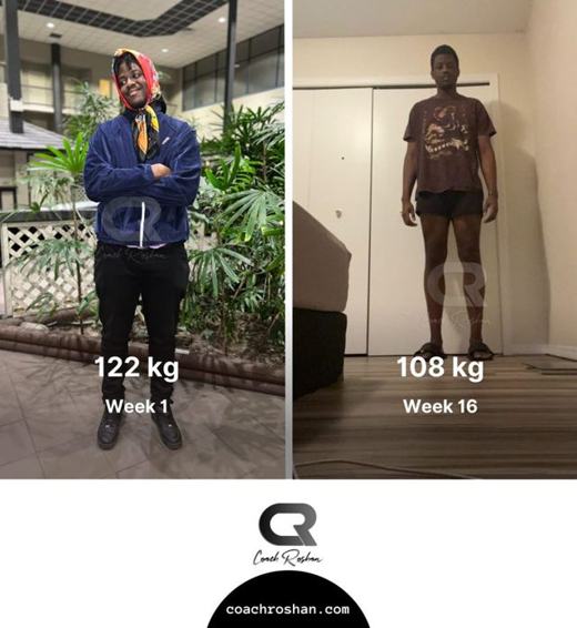 Before and after: 122 kg in week 1 to 108 kg in week 16