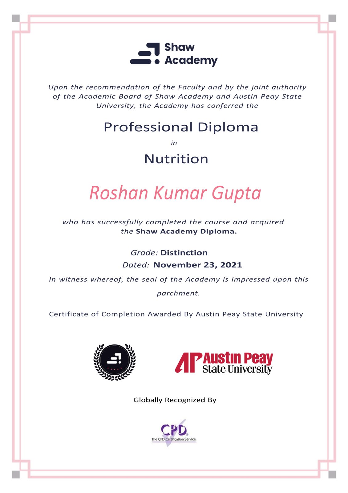 Roshan Gupta certificate