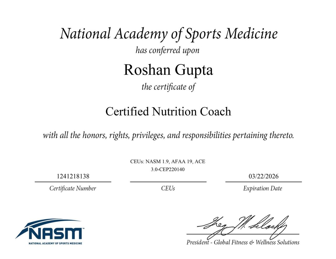 Roshan Gupta certificate