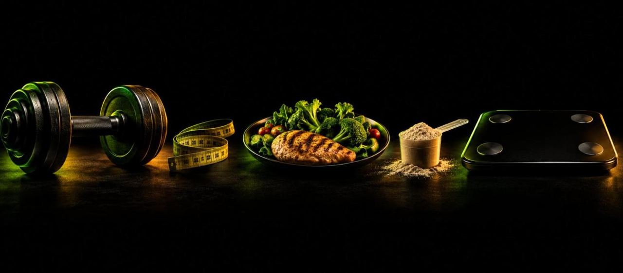 Body composition coaching — dumbbell, measuring tape, protein meal, protein powder and scale