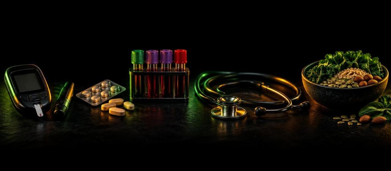 Clinical condition-led coaching — glucometer, medicines, blood tubes, stethoscope and whole foods