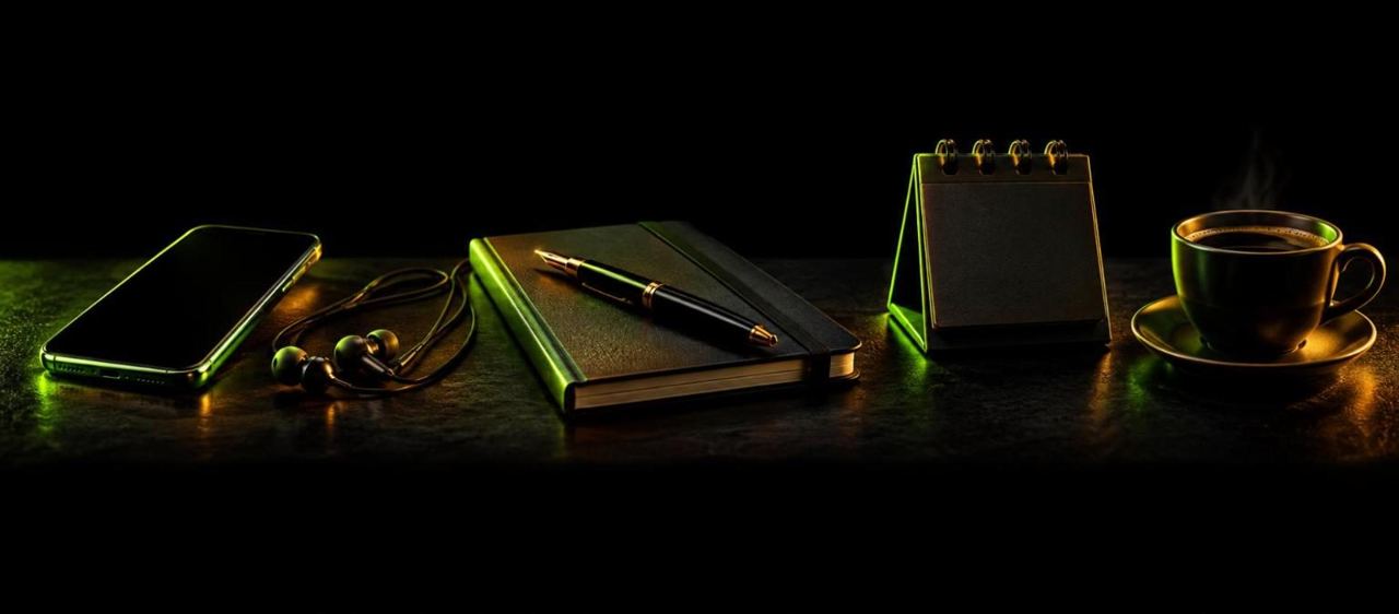 Short format consultation — phone, earphones, notebook, calendar and coffee