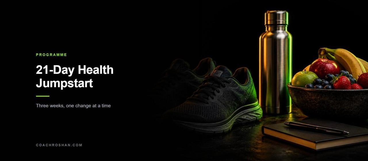 21-Day Health Jumpstart - walking shoes, water bottle, fruit and a notebook