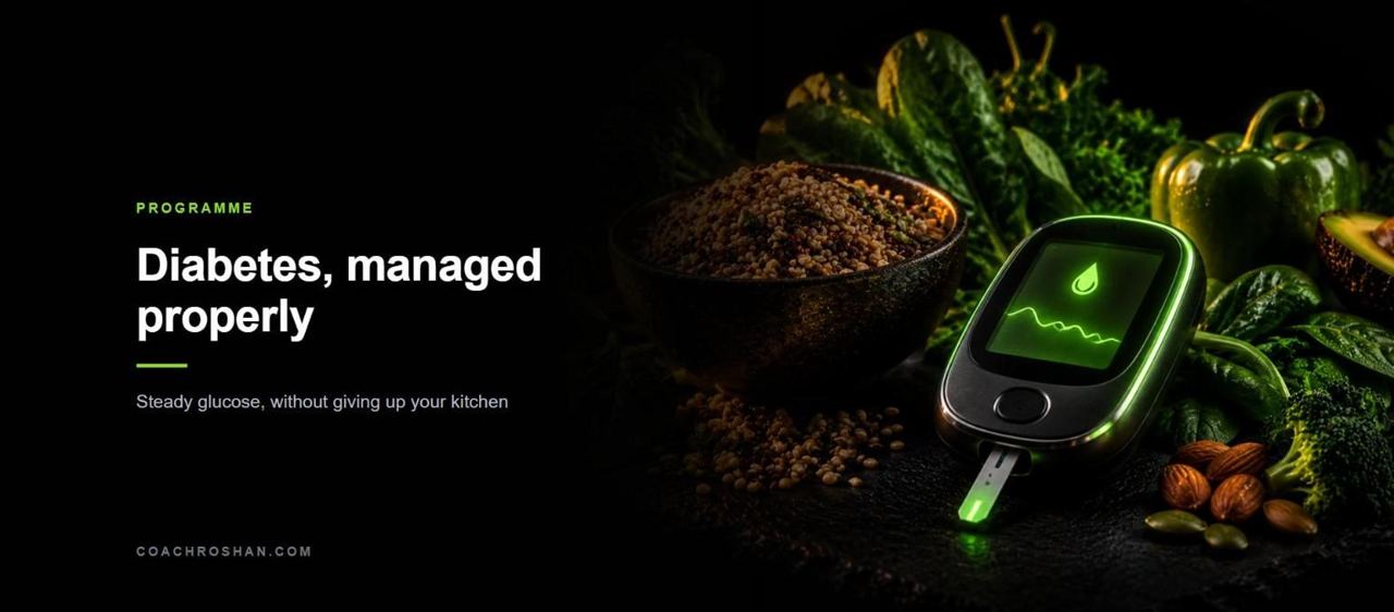 Diabetes managed properly - glucometer beside whole grains and green vegetables