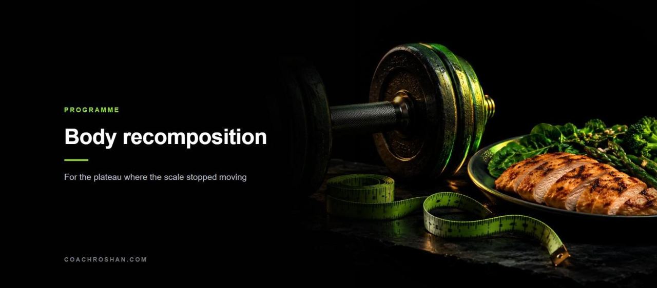 Body recomposition - dumbbell, measuring tape and a plate of grilled chicken and greens