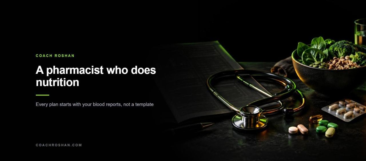 A pharmacist who does nutrition — blood report, stethoscope, medicines and whole foods