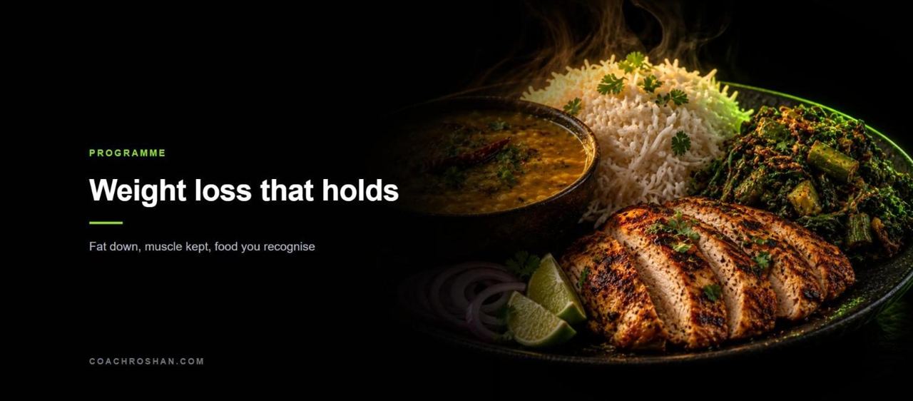 Weight loss that holds - balanced Indian plate with rice, dal, sabzi and grilled chicken