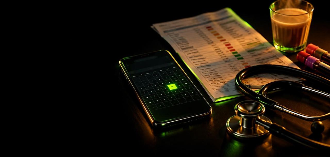 Phone showing a calendar beside a blood report, stethoscope and a cup of tea
