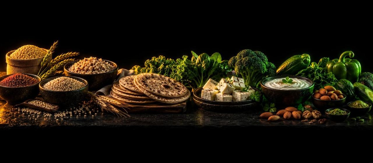 Low glycaemic Indian foods - millets, brown rice, rotis, greens, paneer and curd