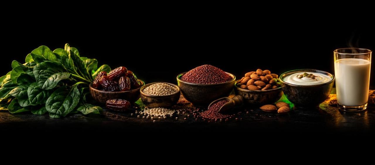 Iron and calcium rich foods - spinach, dates, sesame, ragi, almonds, curd and milk