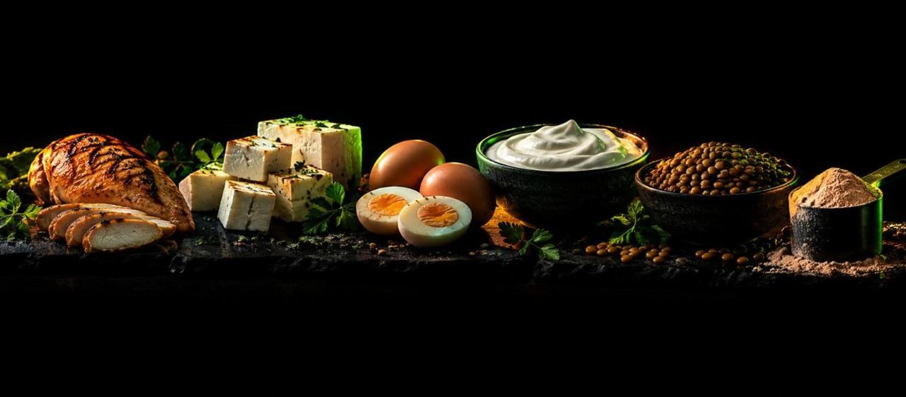 High protein foods - chicken, paneer, eggs, yoghurt, lentils and protein powder