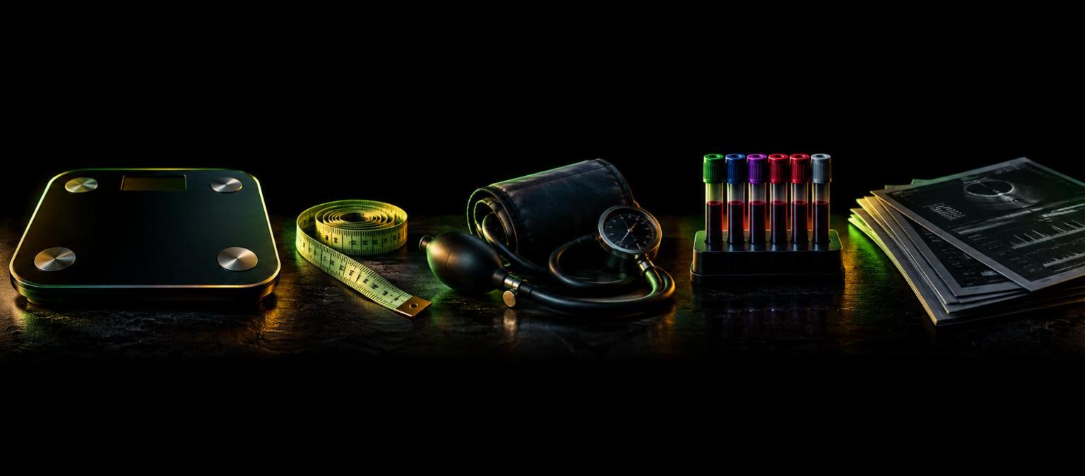 Assessment tools - weighing scale, measuring tape, blood pressure cuff, blood tubes and reports