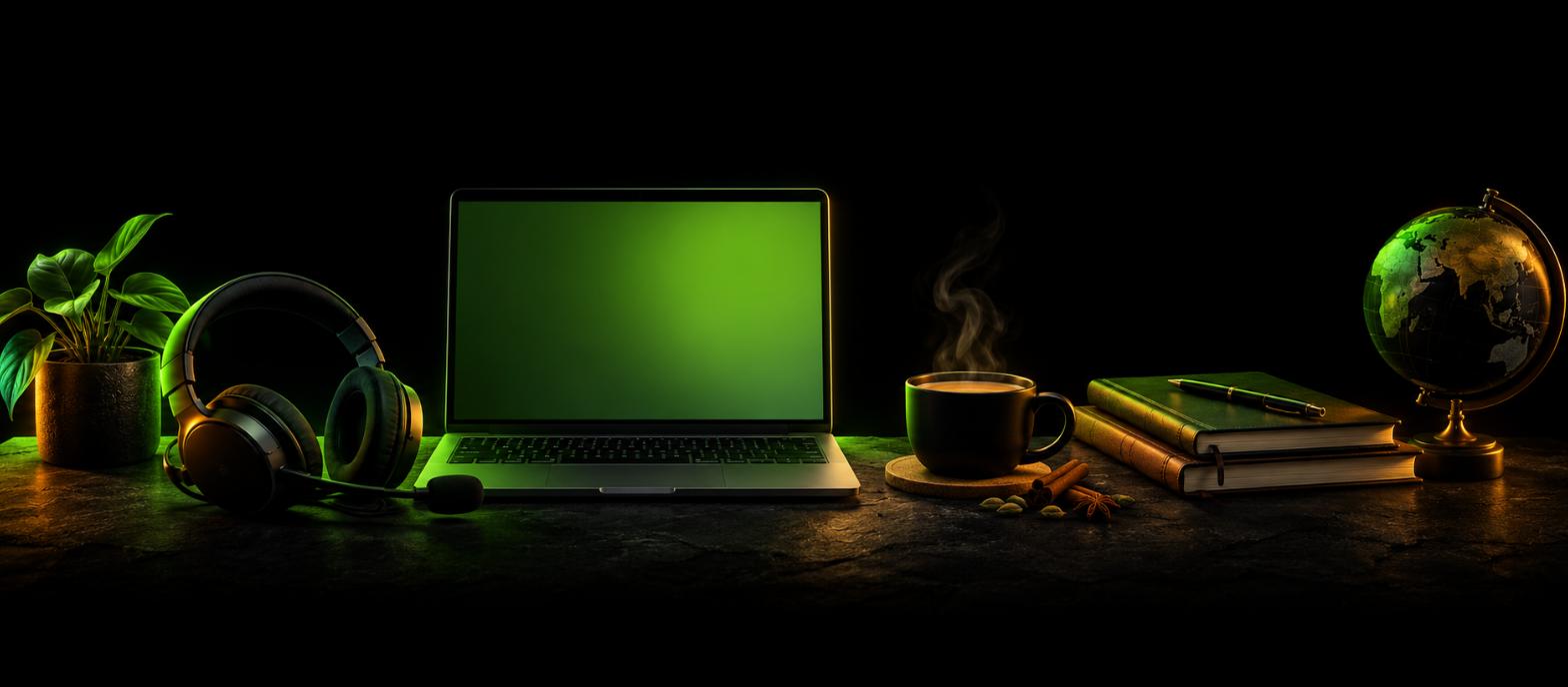 Online coaching desk - laptop, headset, masala chai, notebooks and a globe