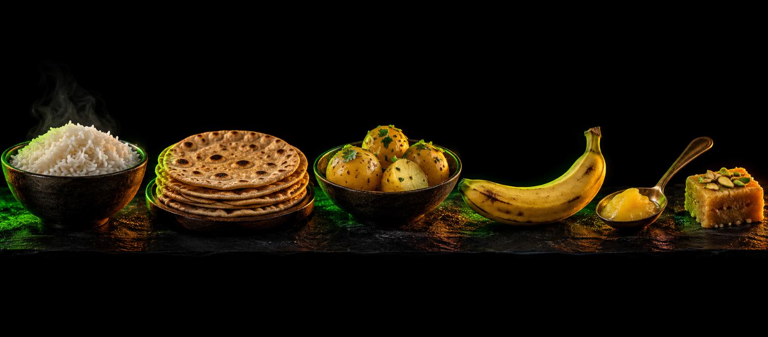 Rice, roti, potatoes, banana, ghee and Indian sweet - foods that stay in the plan