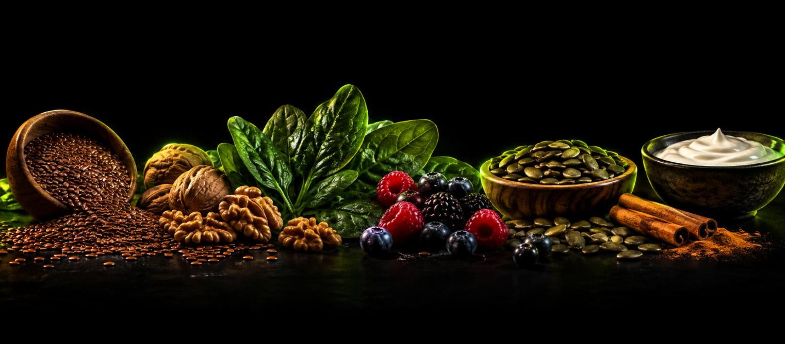 Hormone supportive foods - flaxseeds, walnuts, spinach, berries, pumpkin seeds and curd