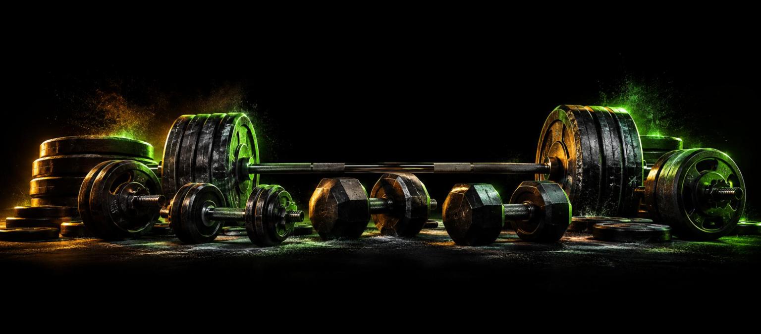 Loaded barbells and dumbbells on a dark gym floor