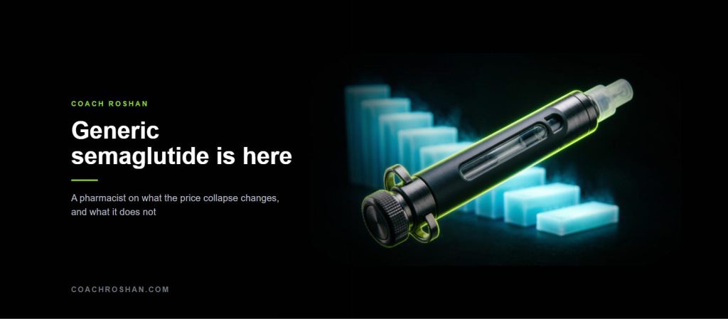 A medical injection pen lit in lime green beside a descending staircase of bars, illustrating the fall in generic semaglutide prices in India