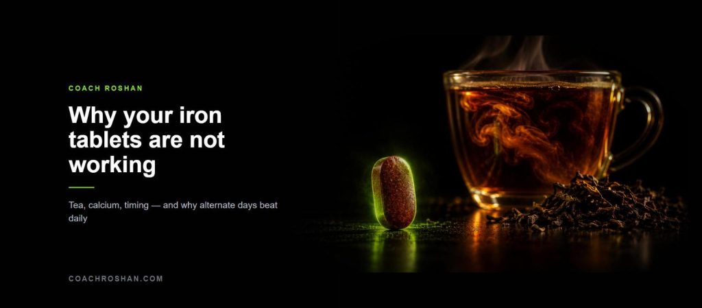 An iron tablet rimmed in lime green light beside a cup of black tea with tannin swirls, illustrating why tea blocks iron absorption