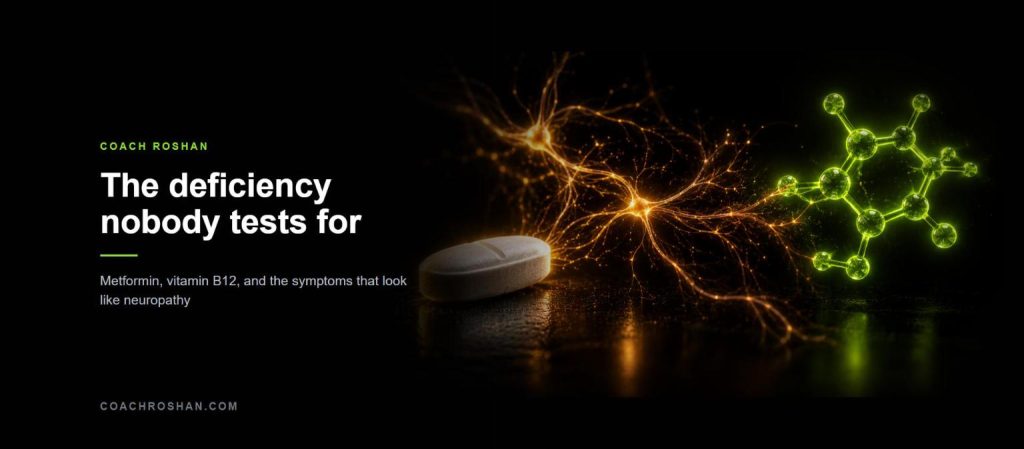 A tablet beside a glowing lime green molecule with amber nerve fibres branching between them, illustrating metformin-induced B12 deficiency mistaken for neuropathy