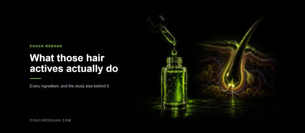 A glass serum dropper bottle glowing lime green with a falling droplet, beside a cross-section of a hair follicle