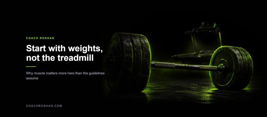 A loaded barbell lit in lime green in the foreground with a treadmill fading into darkness behind it
