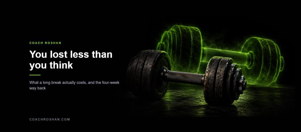 A worn dumbbell on a dark floor with a glowing lime outline of a larger dumbbell behind it, suggesting strength remembered after a training break