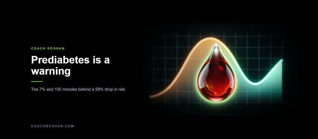 A blood droplet in front of a glucose curve that rises steeply then falls, illustrating prediabetes being brought back under control